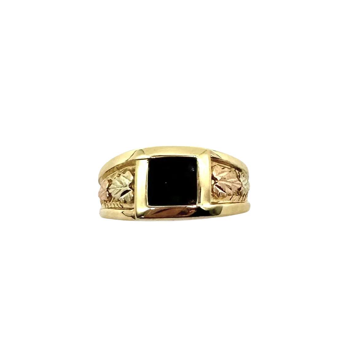 10k Yellow Gold Ring with Framed Black Onyx and Rose Gold Leaf Detail