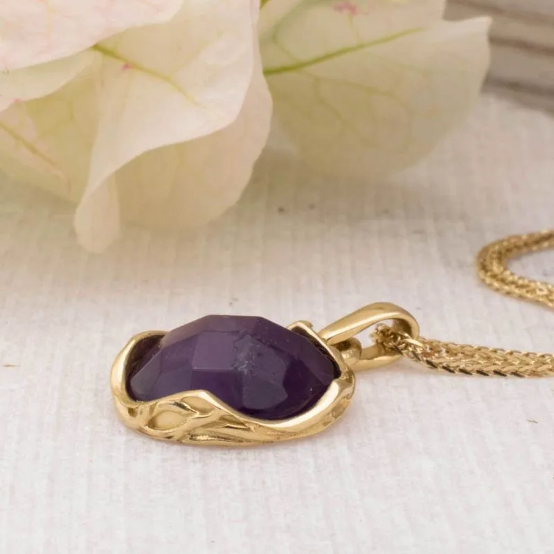 14K Yellow Gold Round Purple Amethyst 12mm Pendant