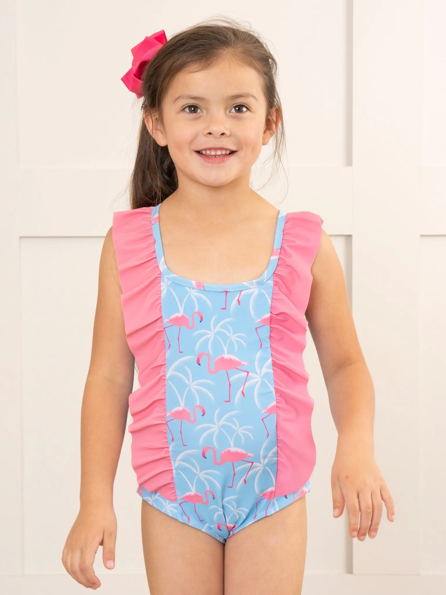 Blue & Pink Flamingos Ruffle Swimsuit