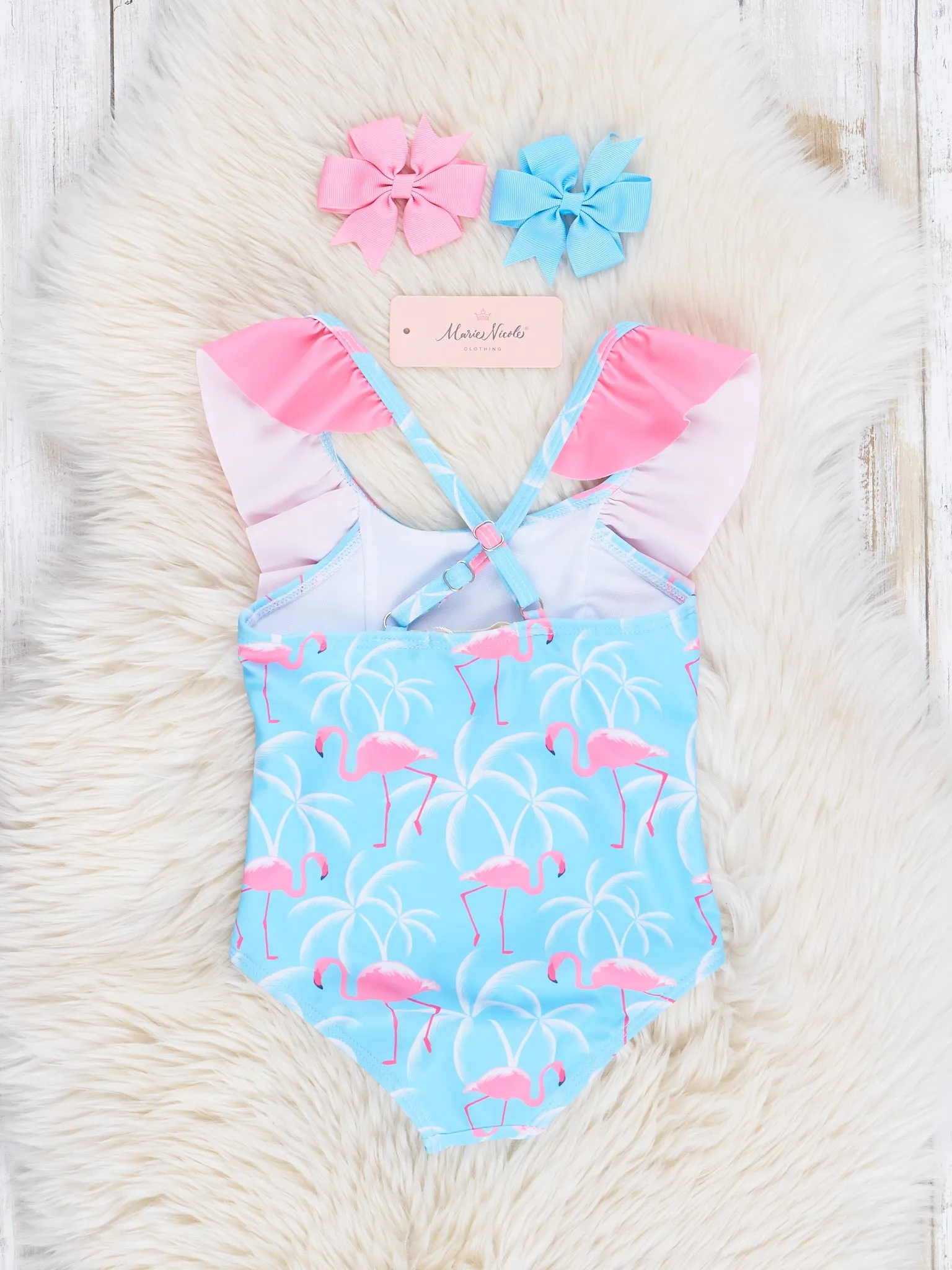 Blue & Pink Flamingos Ruffle Swimsuit