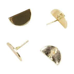 Brass Stud Earring Finding - Half Circle, Loop - 18k Gold Plated - Pkg/4