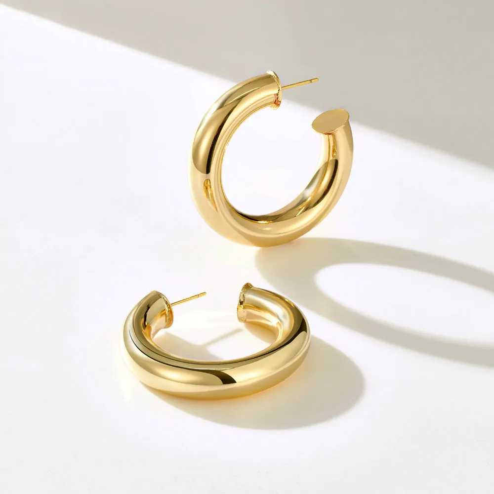 Chunky Gold Tube Hoop Earrings 14K Plated