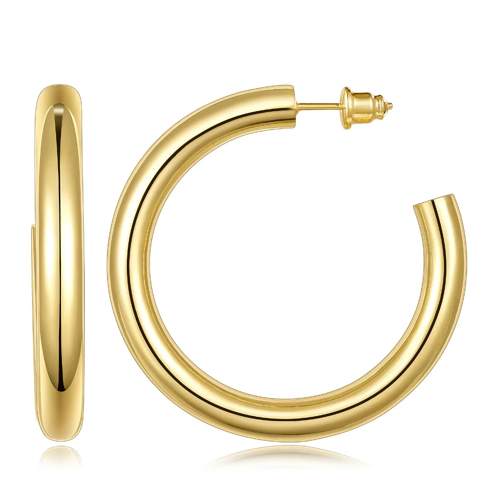 Chunky Gold Tube Hoop Earrings 14K Plated