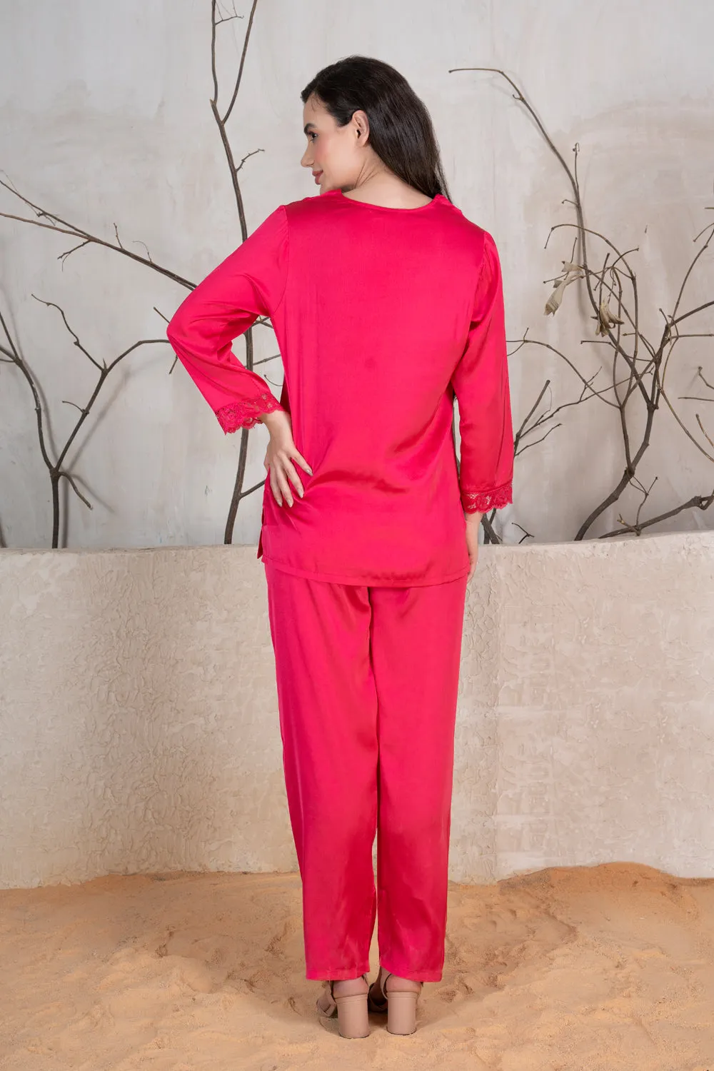 Hot pink satin Night suit with lace