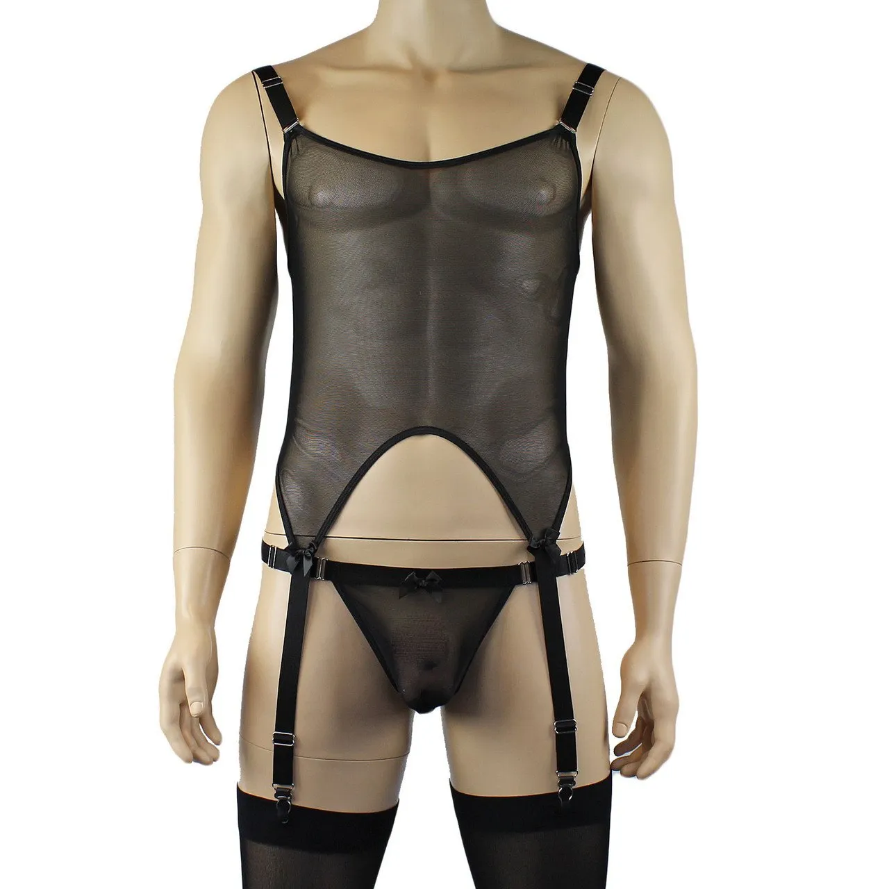 Mens Exotic Corset Top, G string & Stockings - Sizes up to 3XL Black