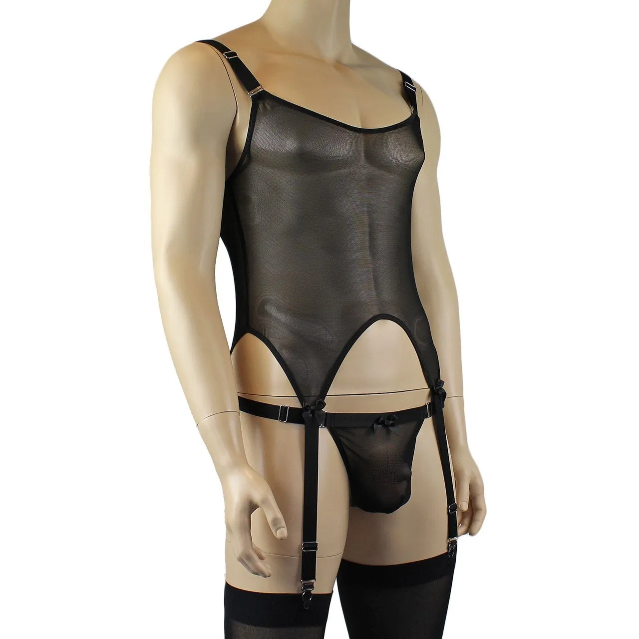 Mens Exotic Corset Top, G string & Stockings - Sizes up to 3XL Black