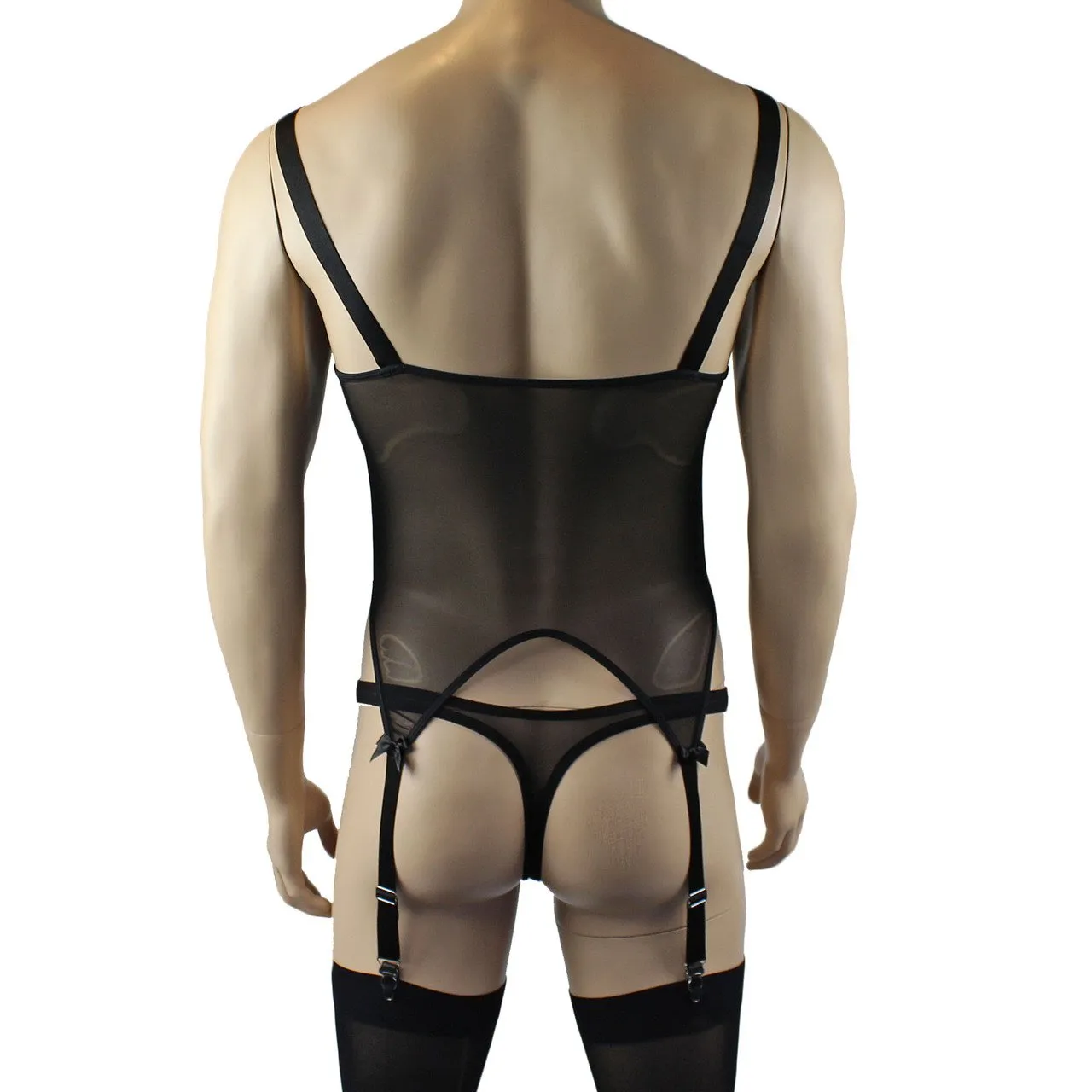 Mens Exotic Corset Top, Thong & Stockings - Sizes up to 3XL Black