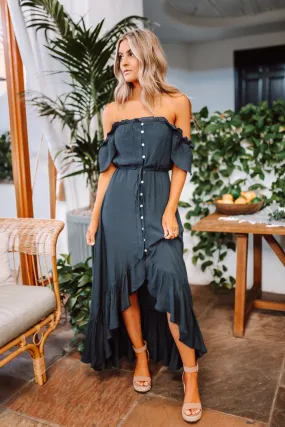 Navy High Low Dress: Off The Shoulder Button Down Maxi