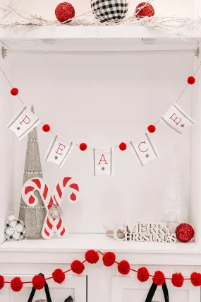 "Peace" Banner & Pom String Garland (Red/White)