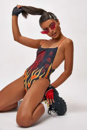 Red Flame Print Square Neck Swimsuit