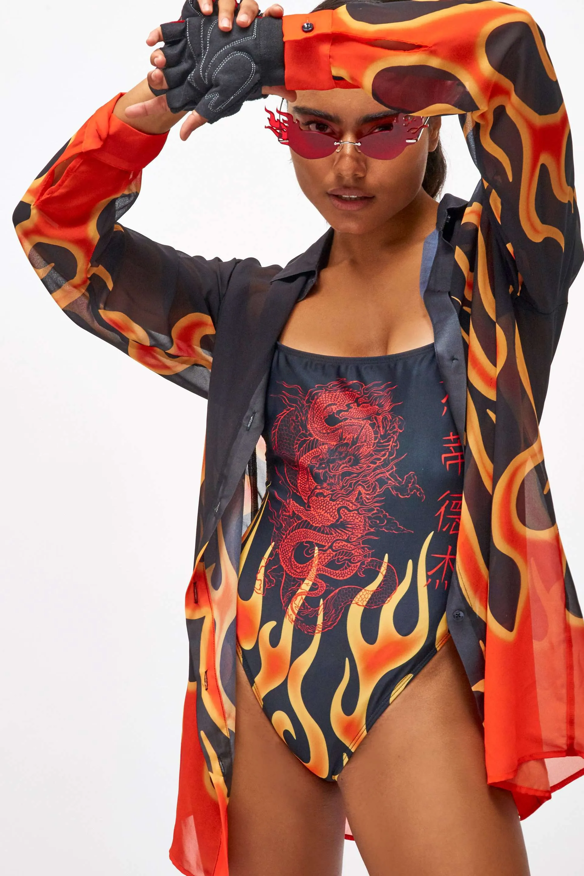 Red Flame Print Square Neck Swimsuit